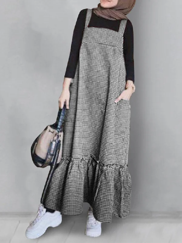 Plaid Patchwork Zip Back Casual Sleeveless Strappy Pocket Women Maxi Dress Comfortable Flowy Maxi Dress