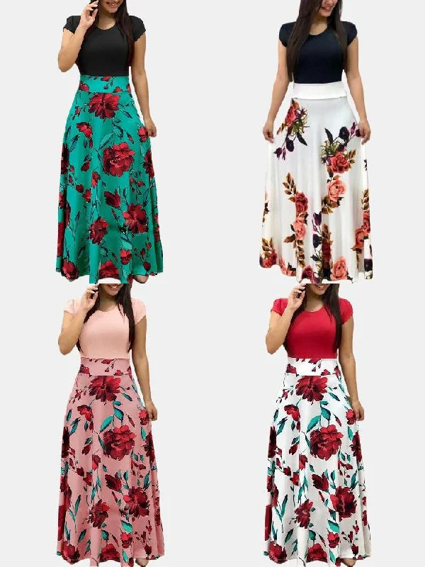 Print Patchwork O-neck Short Sleeve Women Maxi Dress Comfortable Maxi Dress with Slits