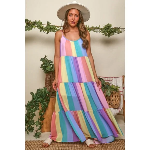 Rainbow Colorful Multi Color Bright Striped Tiered Tie Shoulder Maxi Dress Cozy Knitted Maxi Dress