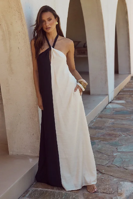 RIVIERA MAXI DRESS - BLACK/SAND Elegant Pleated Maxi Dress