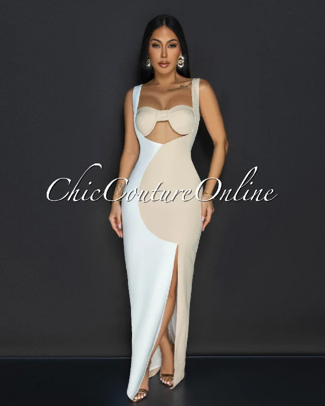 Rosina Nude White Sleeveless Cut Out Maxi Dress Fashionable Open-Back Maxi Dress