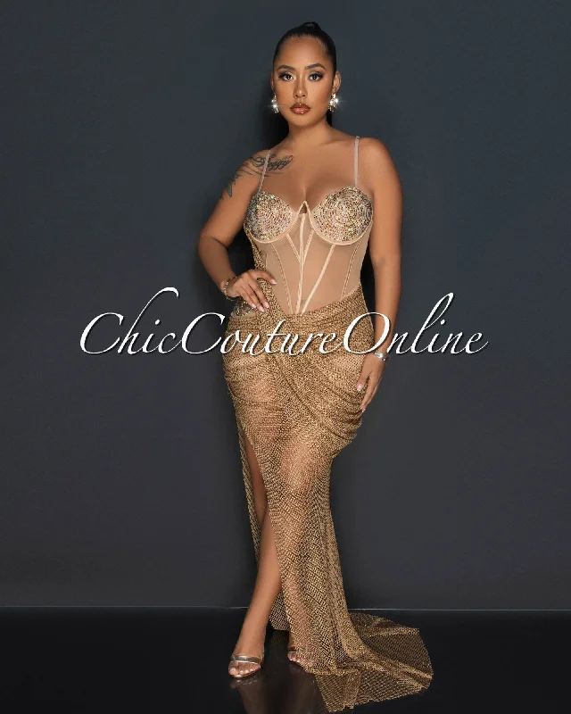 Ryder Nude Gold Rhinestones Fishnet Maxi Dress Cozy Cold-Shoulder Maxi Dress