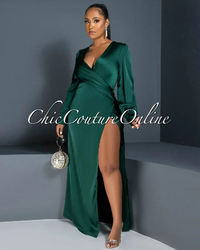 Sandria Hunter Green Draped Leg Slit Silky Maxi Dress Classic Black Maxi Dress