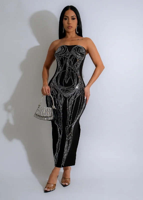 Sculpted Radiance Rhinestone Maxi Dress Black Cozy Maxi Dress with Slit