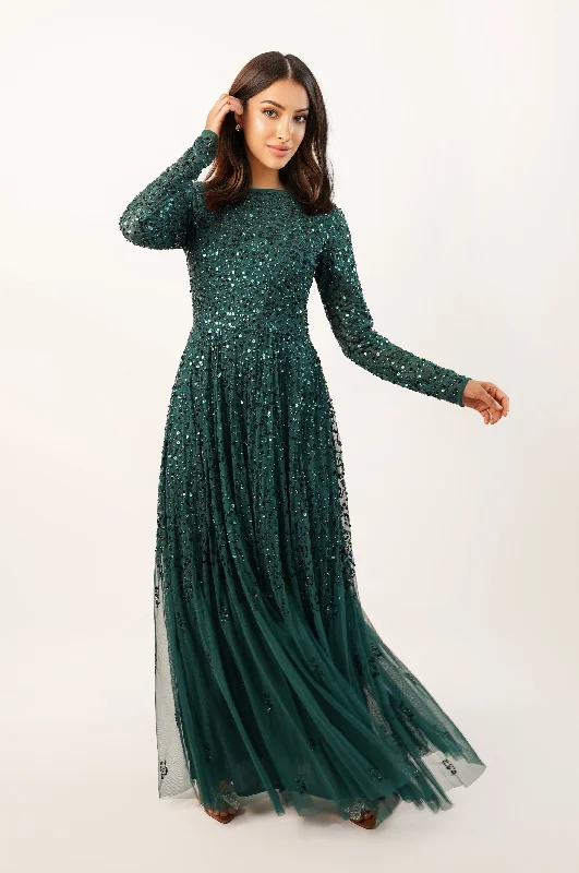 Sila Long Sleeve Embellished Maxi Dress in Emerald Green Trendy Floral Print Maxi Dress