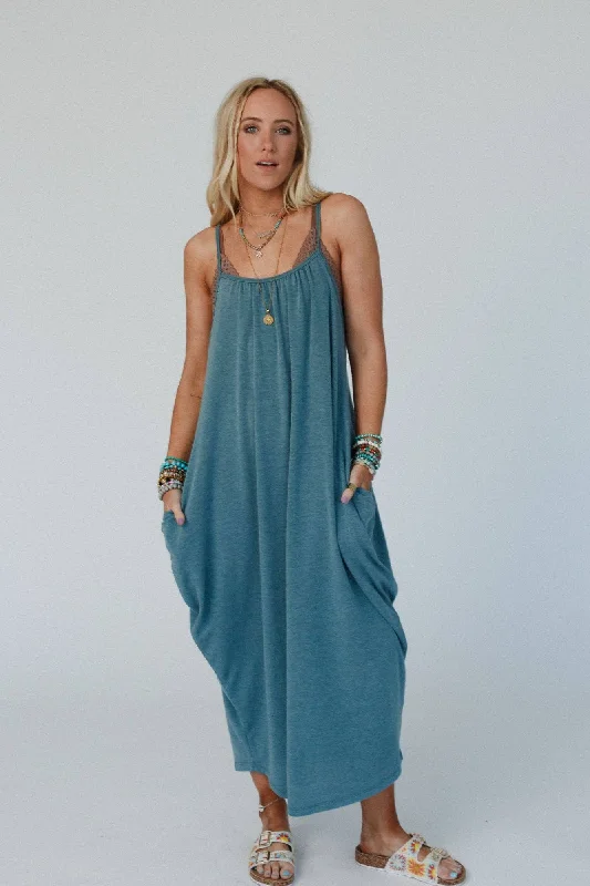 Simple Serene Maxi Dress - Teal Fashionable Maxi Dress with Fringe