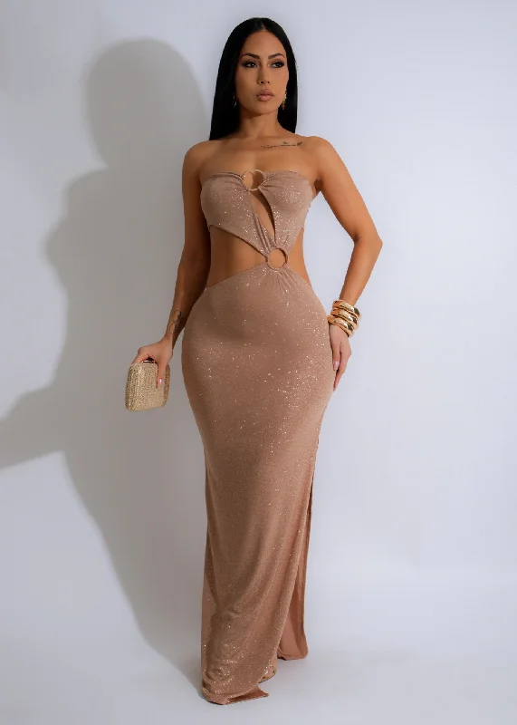 Starlit Temptation Sparkle Maxi Dress Nude Classic V-Neck Maxi Dress