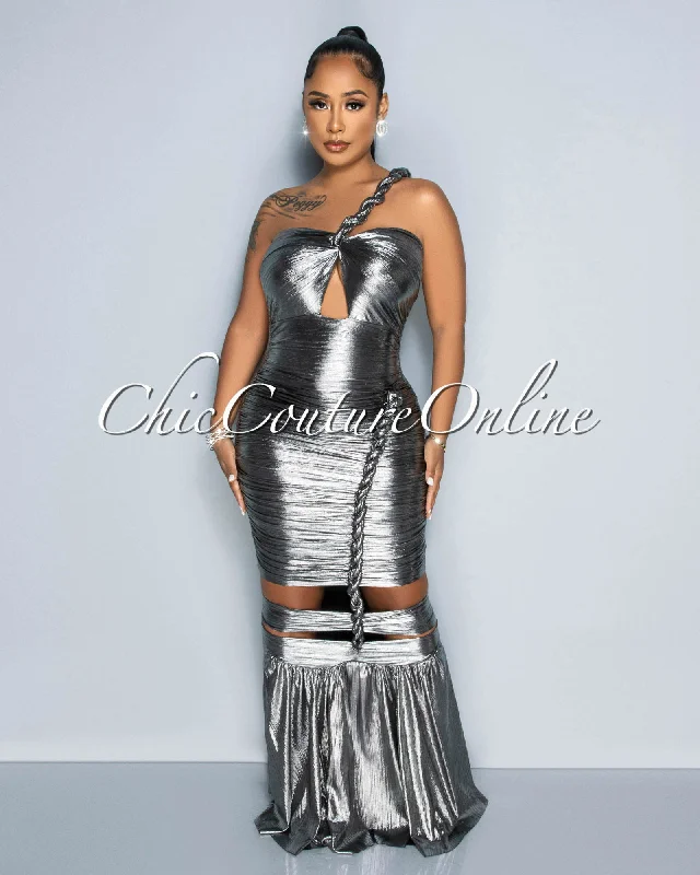 Tatianna Silver Textured Cut-Out Maxi Dress Comfortable Pleated Maxi Dress