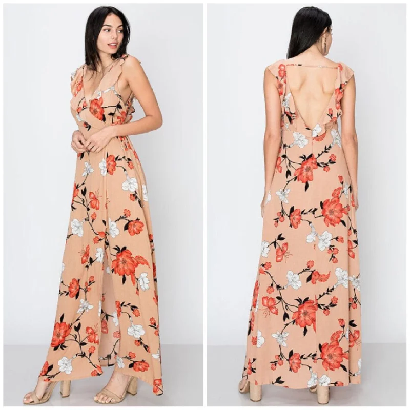 Taupe Deep V Faux Wrap Floral Cherry Blossom Open Back Maxi Dress Cozy Knit Maxi Dress