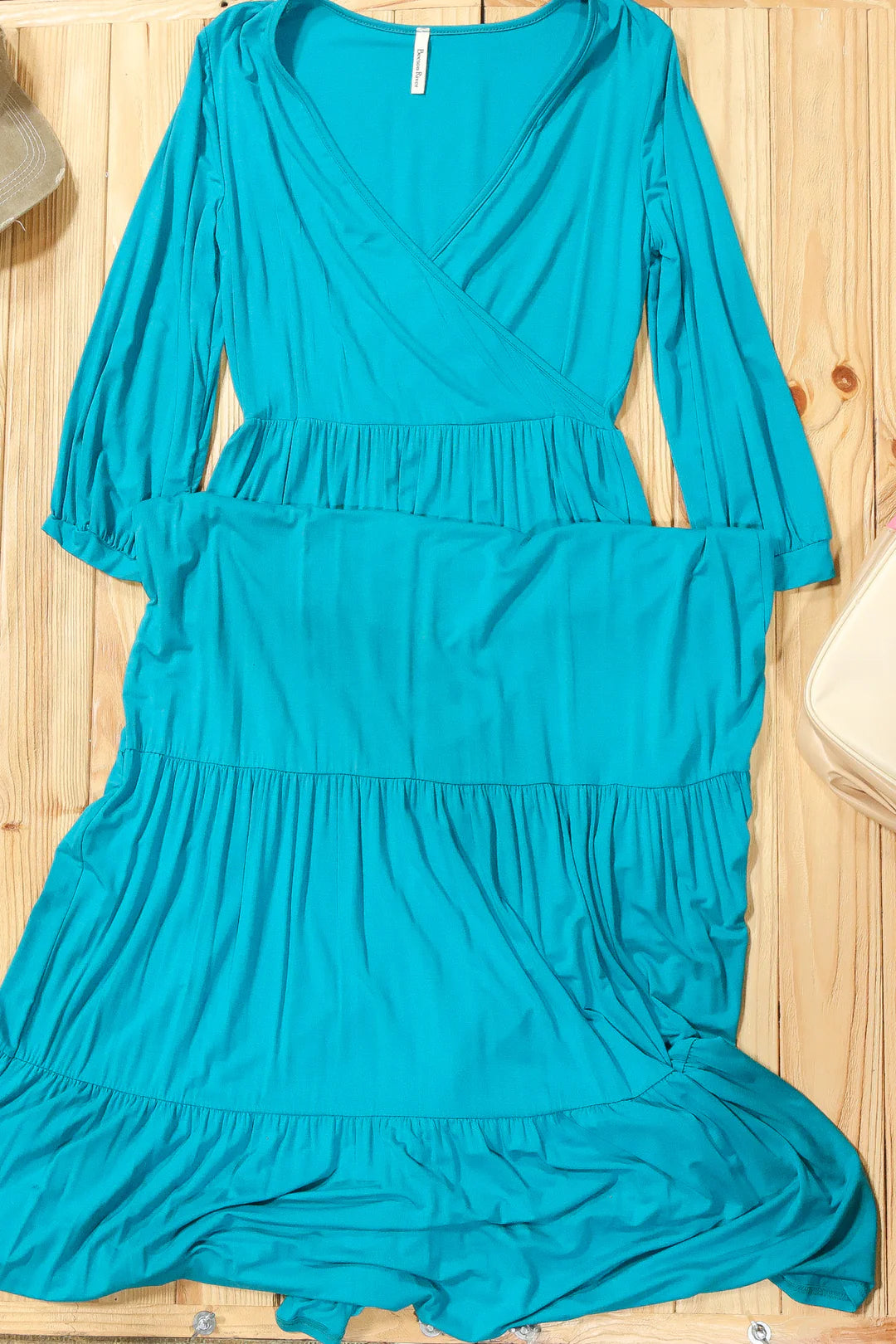 TEAL 3/4 SLEEVE SOLID MAXI DRESS Trendy Maxi Dress with Lace