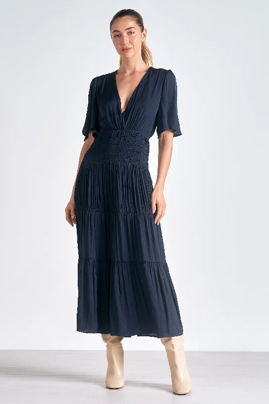 The Laurine Short Sleeve Satin Maxi Dress Cozy Spaghetti Strap Maxi Dress