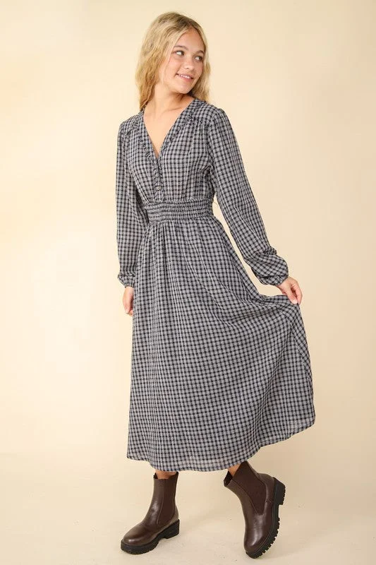 VER112 - NAVY PLAID MAXI DRESS Trendy Short Sleeve Maxi Dress