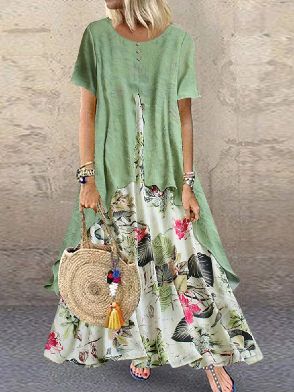 Vintage Short Sleeve O-neck Print Patchwork Pocket Long Women Maxi Dress Elegant Lace Maxi Dress