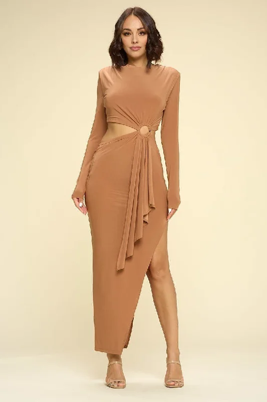 Camel Cut Out Draped Accent Bodycon Maxi Dress Trendy Maxi Dress with Straps