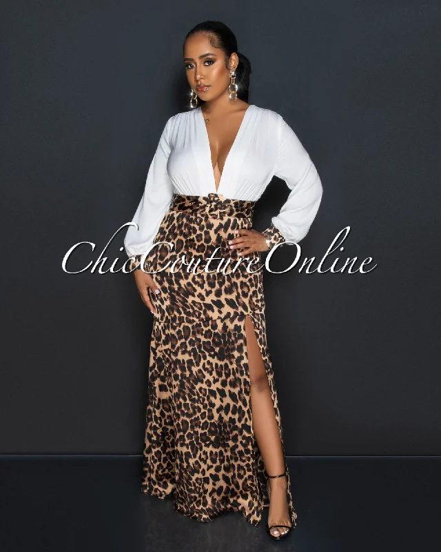 Zabrina White Leopard Print Two-Tone Maxi Dress Trendy Maxi Dress with Bow