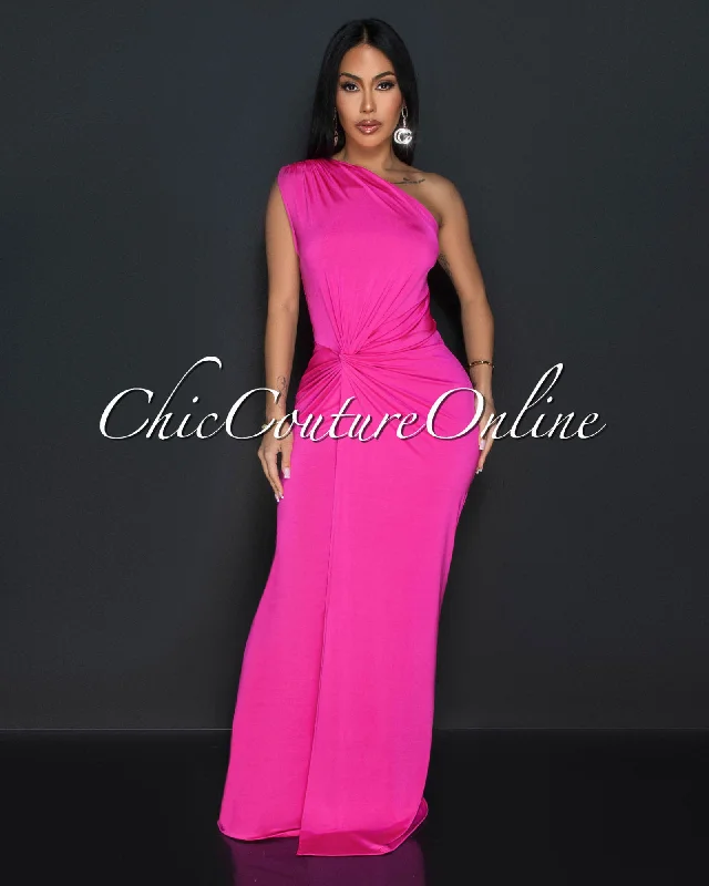 Zima Hot Pink Single Shoulder Twist Maxi Dress Comfortable Ruffle Maxi Dress