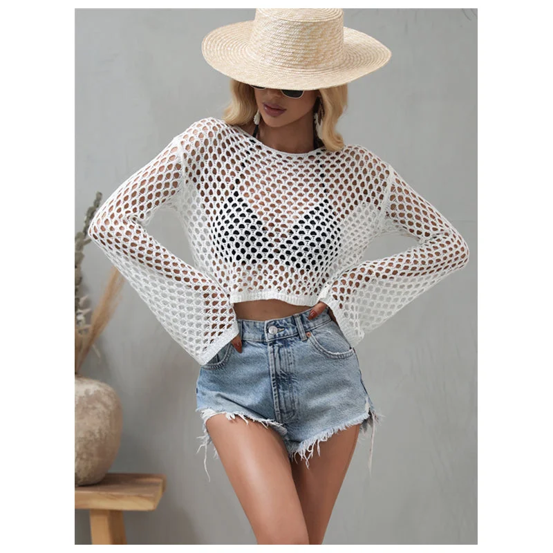 2023 Summer Holiday Beach Swim Cover Up Round Neck Hollow Out Beach Crochet Bathing Suits For Women Knit Swimsuit Coverup Mesh Detail Bikini