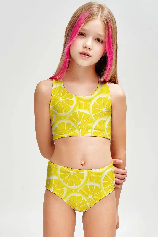 A Piece of Sun Claire Yellow Two-Piece Swimsuit Sporty Swim Set - Girls High-Waist Bikini Set