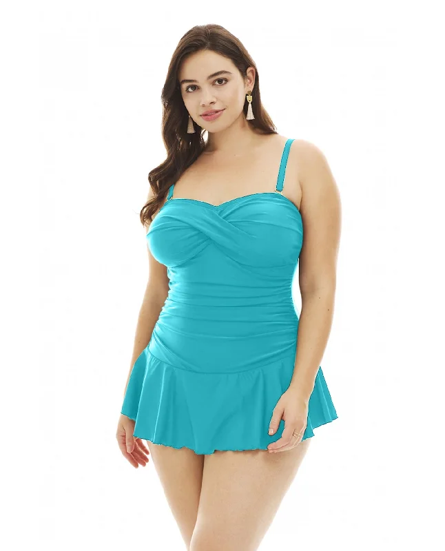 Always For Me Peacock Plus Size Twist Front Bandeau Strapless Shirred Swimdress Vintage Swimwear Look