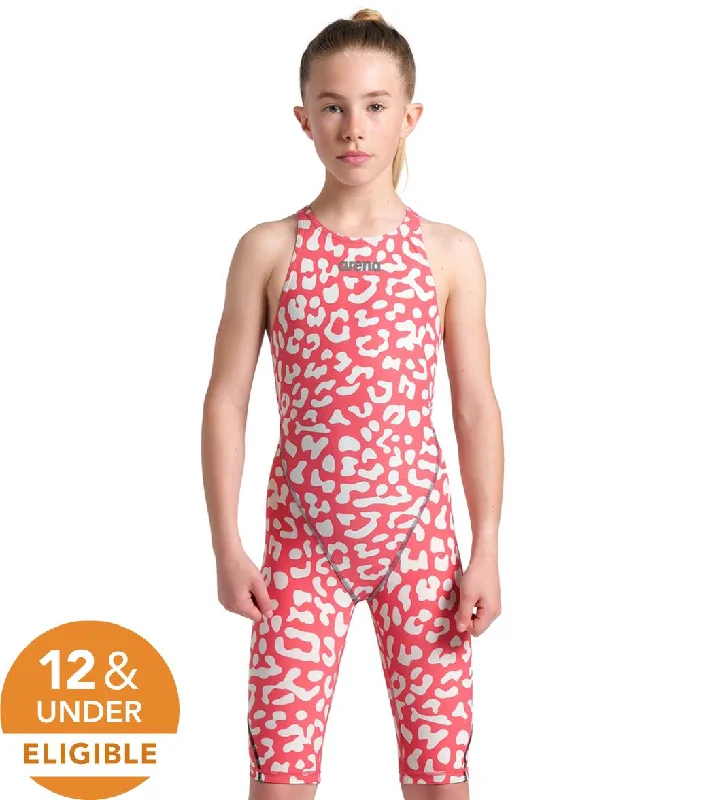 Arena Girls' Powerskin ST Next Limited Edition Open Back Tech Suit Swimsuit Leopard Skin Geranium Comfortable Swim Shorts