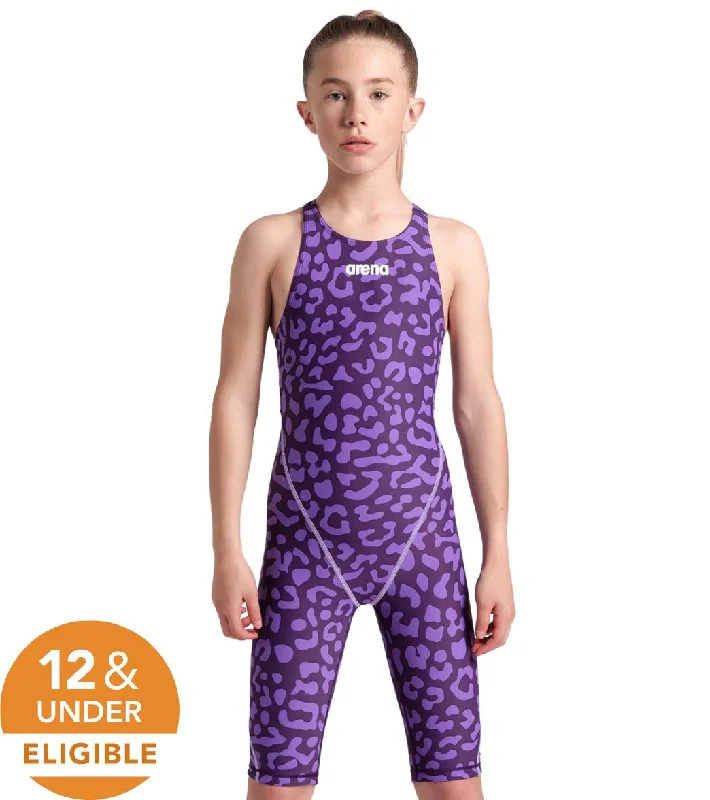 Arena Girls' Powerskin ST Next Limited Edition Open Back Tech Suit Swimsuit Leopard Skin Violet Modern High-Waisted Swimsuit