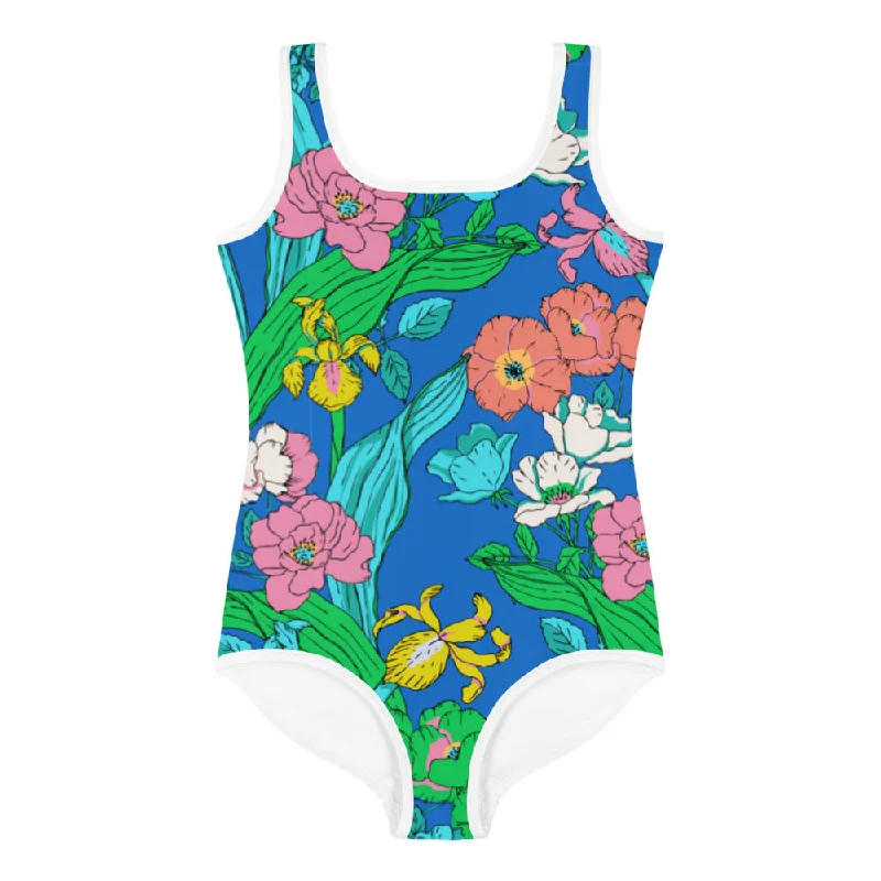 Girls One-Piece Floral Swimsuit, Electric Blue Paradise (2T-7) Button-Front Swimsuit