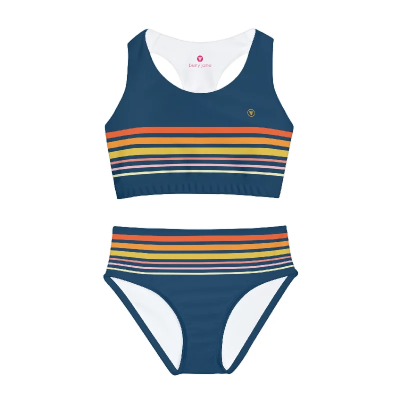 Girls Retro Two Piece Swimsuit 70s Vintage Stripes Sexy Monokini Swimsuit