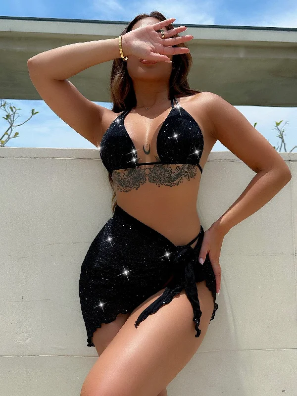 Glitter Halter Neck Backless Three-Piece Swim Set Plunge Back Swimsuit