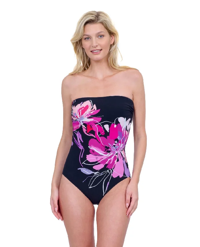 Gottex Water Lily Bandeau Strapless One Piece Swimsuit Sleek Full Coverage