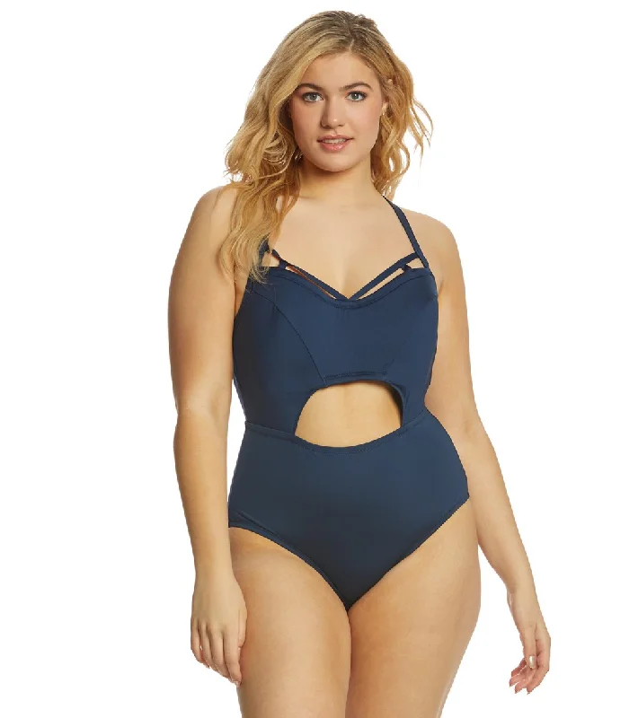 Jessica Simpson Plus Size Solid Bandeau One Piece Swimsuit Navy Minimalist One-Piece