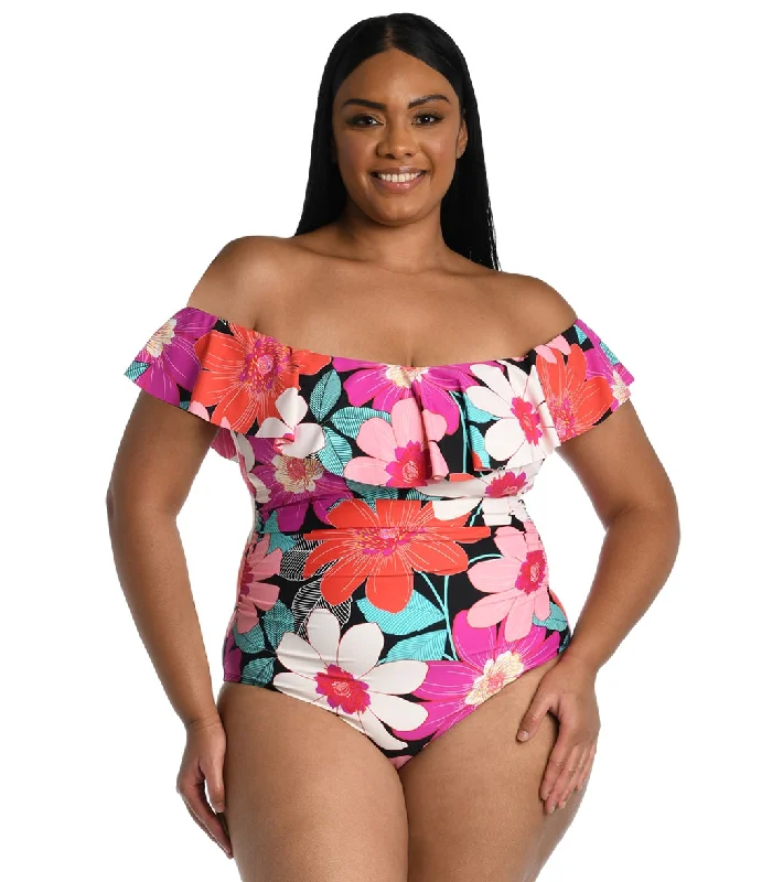 La Blanca Women's Plus Size In Full Bloom Off The Shoulder One Piece Swimsuit Multi V-Neck Swim Dress