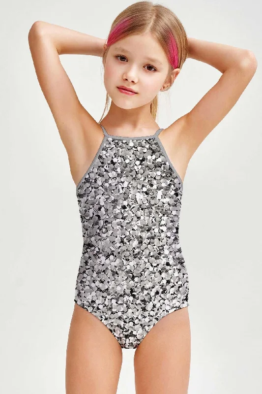 Let It Glow Becky Glitter Full Coverage One-Piece Swimsuit - Girls Sporty Racerback Swimsuit