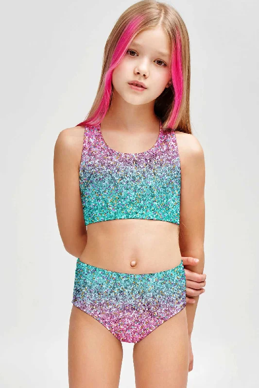 Maldives Claire Pink Glitter Two-Piece Swimsuit Sporty Swim Set - Girls Stylish Swimsuit Set