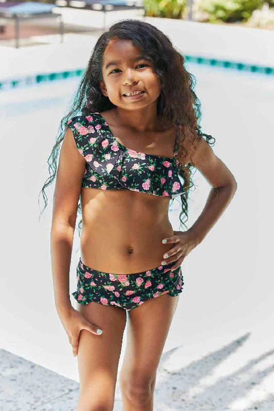 Clear Waters Two-Piece Girls Swim Set in Black Roses Reversible Bikini Set