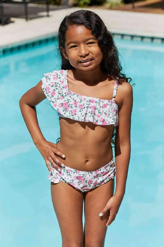 Float On Ruffle Two-Piece Girls Swim Set in Roses Off-White Elegant Ruffle Swimsuit