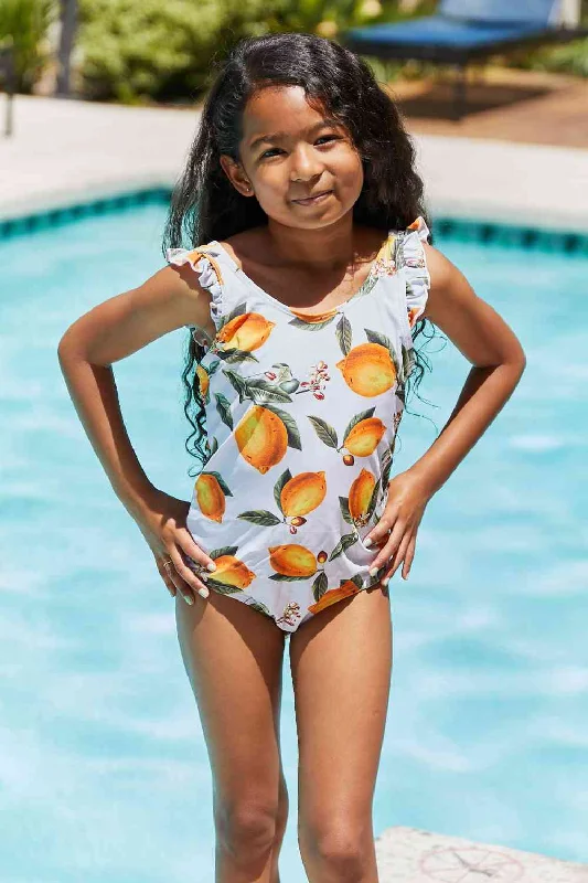 Float On Ruffled Girls One-Piece Swimsuit in Citrus Orange Shiny One-Piece Swimsuit