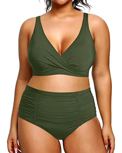 Two Piece Plus Size Swimsuits For Women High Waisted Bikini Tummy Control Bathing Suits-Army Green Solid Color Swimsuit