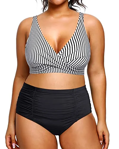 V Neck 2 Piece Plus Size Bikini High Waisted Tummy Control Swimsuit-Black And White Stripe Halter Top Bikini