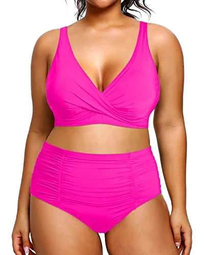 Ruched 2 Piece Plus Size Bikini High Waisted Swimsuits Tummy Control Bathing Suits-Neon Pink High-Waist Bikini Set