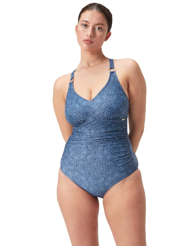 Shaping Printed V Neck Swimsuit - Washed Blue Shiny One-Piece Swimsuit