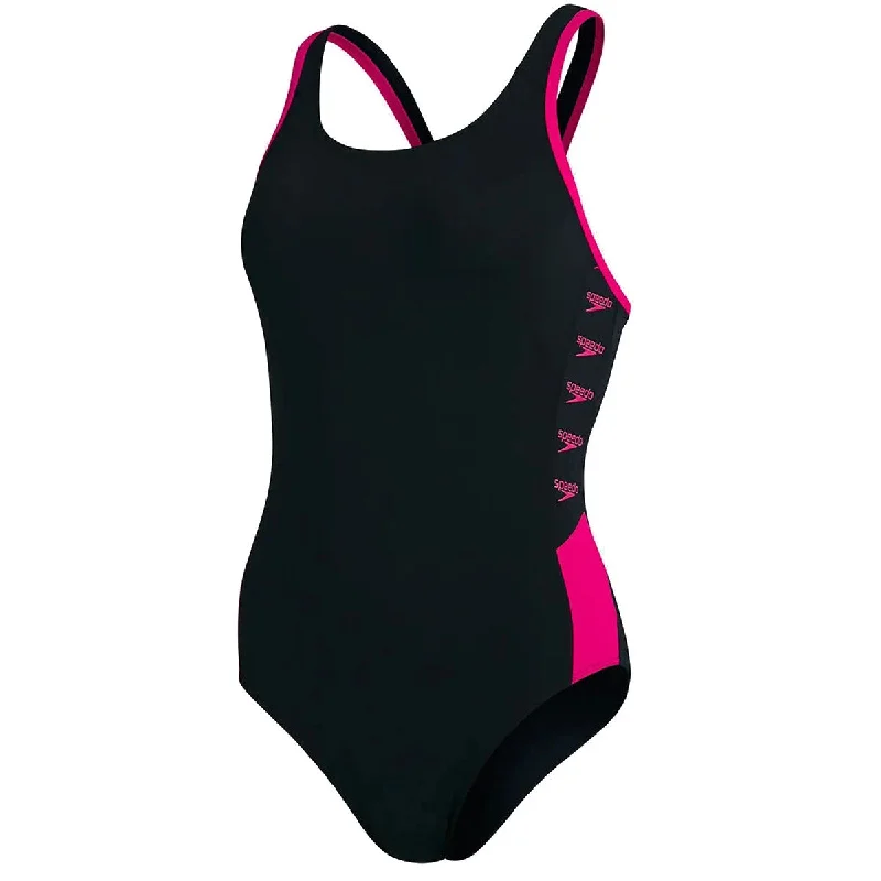 Speedo Boom Logo Splice Muscleback Swimsuit - Womens - Black/Pink Swim Dress with Belt