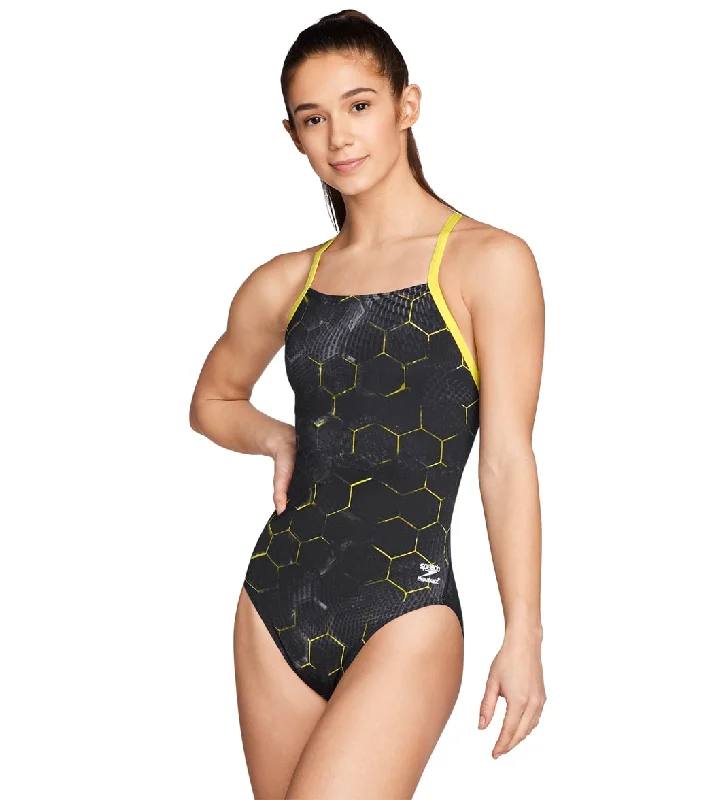 Speedo Women's Emerging Force Flyback One Piece Swimsuit Speedo Yellow Sleek Racerback Swimsuit