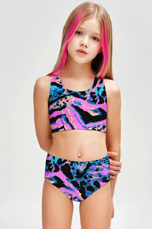 Trendsetter Claire Blue & Pink Animal Print Two-Piece Swimsuit - Girls Tie-Back Swimwear