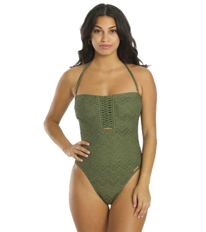 Vince Camuto Women's Crochet Lace Bandeau One Piece Swimsuit Safari Grn Sexy Cutout Swimsuit