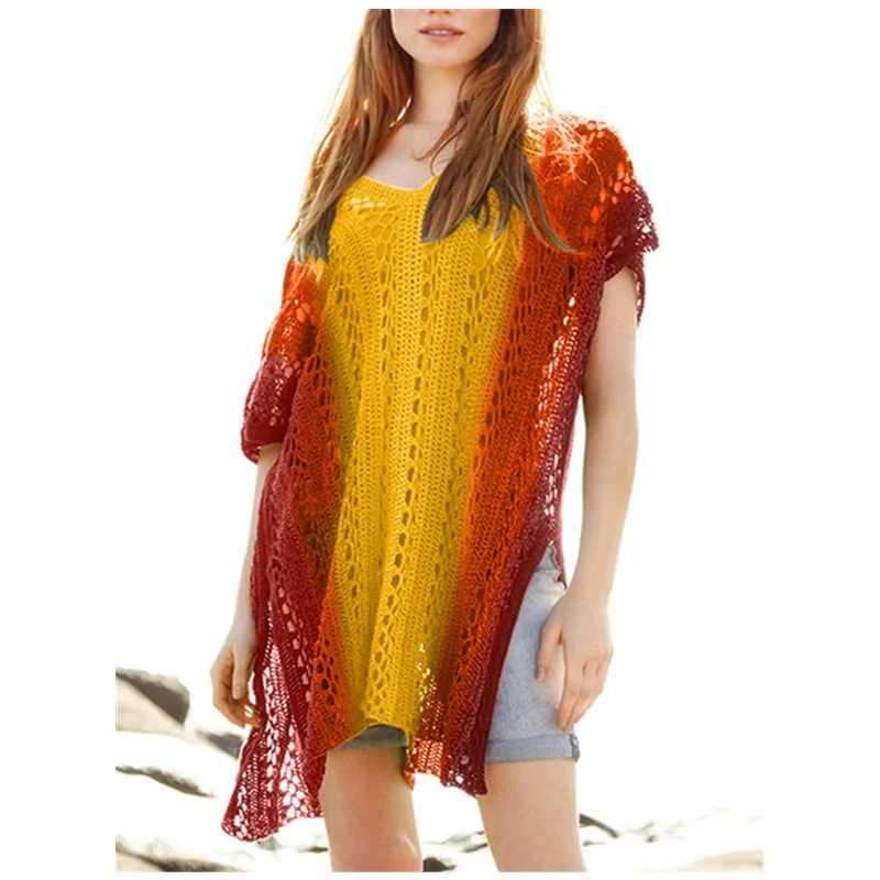 Wholesale 2023 Knitting Swimsuit Crochet Bikini Bohemia Style Beach Cover Ups Rainbow Strip Vestido Hole Knitted Bath Exits Wear Strappy Back Bikini