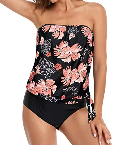 Strapless Bandeau Tankini Sets For Women-Black Orange Floral Cross-Back Bikini