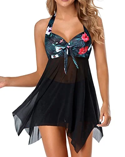 Women's Bathing Suit Dress Skirt Mesh Halter Two Piece Swim Dress Soft Beachwear Set