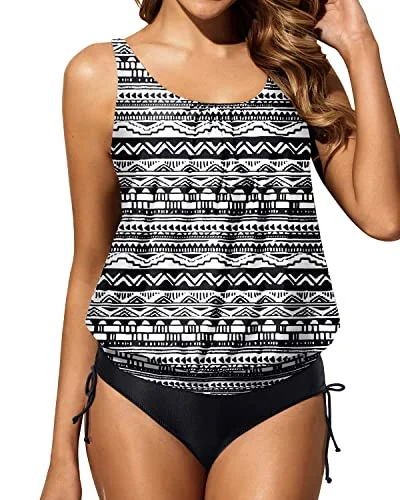 Women Tummy Control Removable Padded Push Up Cups Tankini-Black Tribal Monokini Swimsuit Design