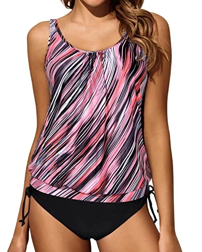 Blouson Tummy Control Two Piece Swimsuits For Women-Pink Stripe Sexy Monokini Swimsuit