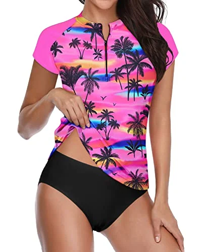 Short Sleeve Two Piece Zipper Swimsuit For Women-Pink Palm Sexy Swimwear Set